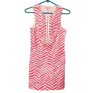 Lilly Pulitzer Size 0 Bright Pink Zig Zag Zipper Gold Dress Sleeveless Cotton